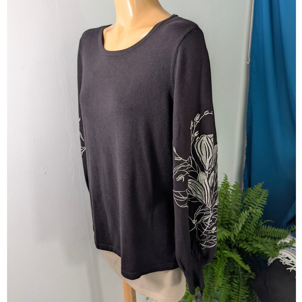 Chico's Pullover Women 1 Black Floral Embroidered Drama Sleeve cashmere blend